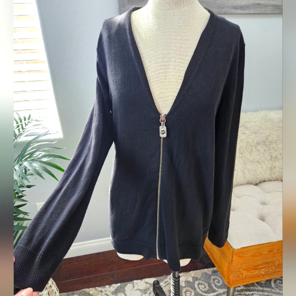 Michael Kors-Black Top, Sweater long Sleeve V-Neck Exposed Zip SZ Large